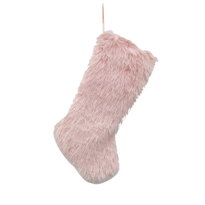 Pink plush Christmas stocking with hanging loop and soft faux fur texture on white background