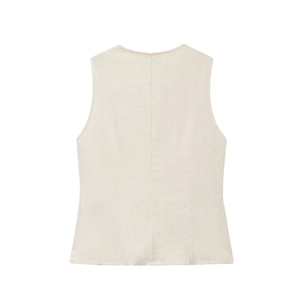 Back view of high-quality linen blend double-breasted vest in creamy white with rich texture