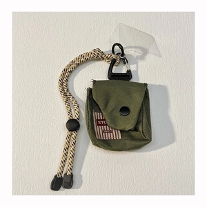 Army green canvas pouch with black hook and woven lanyard for keys or earphones