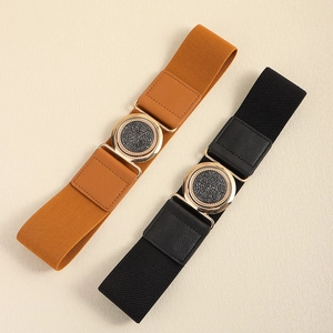 Elastic stretch waist belts for women in black and brown with vintage round metal buckles