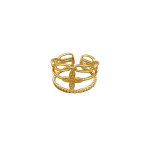 Gold layered clover ring with open adjustable band featuring hollow flower design