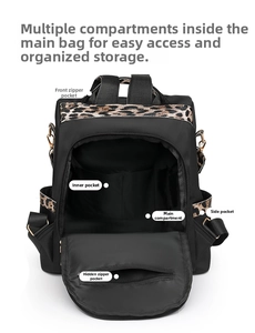 Detailed view of leopard print nylon backpack showing multiple internal storage compartments