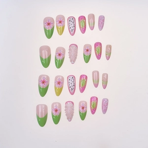 24pcs dragon fruit almond press-on nails with 3D embossed flowers and water droplets