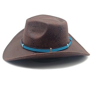 Detail of dark brown faux snakeskin fedora featuring a blue and black leather band