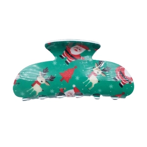 Christmas theme green hair claw clip with Santa, reindeer and tree patterns