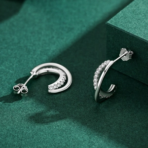 Elegant S925 sterling silver geometric double row hoop earrings with micro-pave crystals