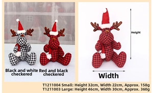Detailed size specifications for red and black plaid Christmas reindeer figurines