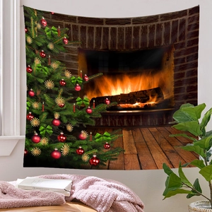 Detailed view of Christmas tree tapestry hanging on wall creating a cozy festive atmosphere