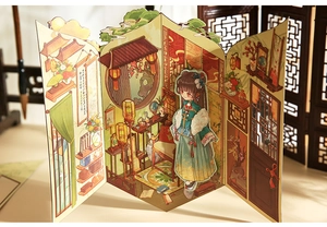 3D folding paper scene sticker featuring a cute ancient Chinese girl with classic decor