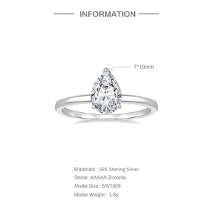 Detail specifications for pear-shaped 7*10mm AAAAA zirconia 925 sterling silver ring