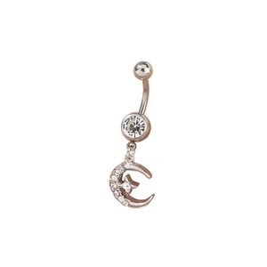 Piercing de ombligo plateado con colgantes de luna creciente y estrella de circonitas