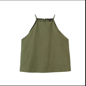 Army green cotton linen halter neck top and wide leg pants set on white background