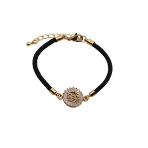 Black braided rope bracelet with golden sunflower pendant and zircon stones