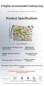 Linen travel makeup bag with European map print and 17x25cm dimensions detail