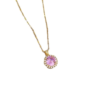 Titanium steel necklace with pink round zircon halo pendant on a textured gold chain