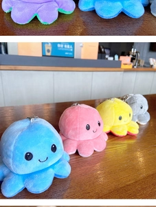 Detail of reversible octopus plush keychain with metal buckle and soft velvet texture