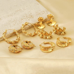 Stainless Steel Earrings 18K Gold Plated Hammered Texture Geometric CZ Inlaid C Shaped French Retro Jewelry For Women
