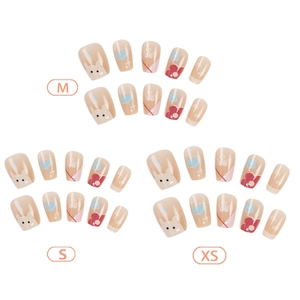 Cartoon animal press-on nails featuring cute rabbits and flowers in XS, S, M sizes