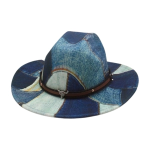 Vintage Western Cowboy Hat Wide Brim Denim Patchwork Print Fedora With Faux Leather Band Metal Rivets Bull Skull Pendant