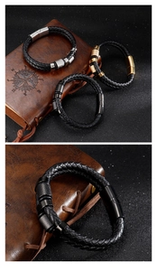 Close-up of men's braided leather bracelets featuring silver, gold, and black magnetic clasps