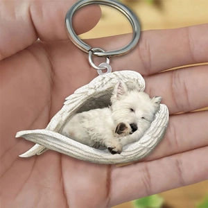 Creative Cute Sleeping Dog In Angel Wings Acrylic Keychain 2D Flat Printed Animal Car Key Ring Bag Pendant Memorial Jewelry Gift