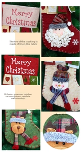 Detailansicht der 3D-Weihnachtsmann-Applikationen auf Leinentextur-Weihnachtssocken