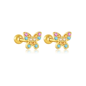 Macro shot of silver butterfly stud earrings with colorful cubic zirconia and screw backs