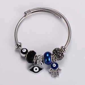 Adjustable stainless steel evil eye cable bracelet with Fatima hand charms and blue beads