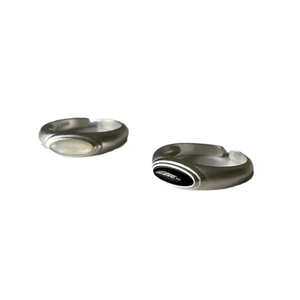 Matte finish stainless steel open ring with black agate and white mother of pearl inlay