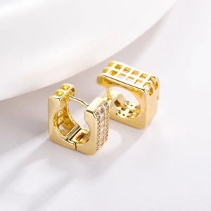 Elegant gold micro-pave square hoop earrings with sparkling cubic zirconia on white background