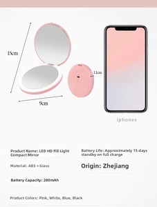 Detail showing pink LED compact makeup mirror dimensions and 280mAh battery specs