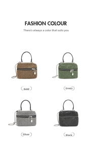 Detail view of four-color mini cylinder crossbody bags with full rhinestone embellishment