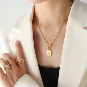 Square Plate Pendant Necklace Titanium Steel 18K Gold Plated Zircon Sailboat Clavicle Chain OT Buckle Toggle Clasp Women