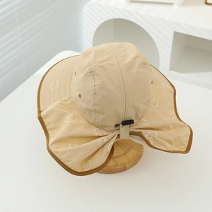Detail view of khaki sun hat with smiley neck flap and adjustable drawcord