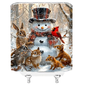 Waterproof polyester Christmas shower curtain featuring a smiling snowman and forest animals