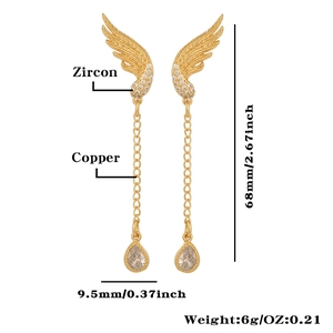 Detailed size chart of angel wing copper earrings with zircon drops and 68mm length