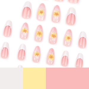 White French almond press on nails with 3D sunflower and pearl accents in pink gradient