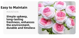 Detailed macro view of handmade crochet roses with pink and white gradient yarn petals