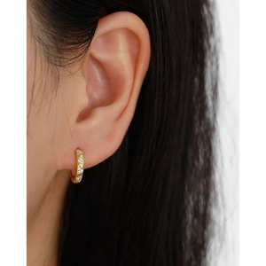 Close-up of elegant gold s925 silver hoop earrings with diamonds on model ear