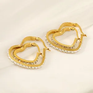 Stainless Steel Heart Hoop Earrings For Women 18K Gold Plated Rhinestone Inlaid Hollow Out Heart Shaped Minimalist Jewelry