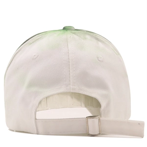Rear view of white cotton baseball cap with light green tie-dye and silver metal buckle