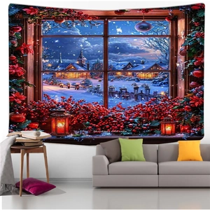 Detail of Christmas wall tapestry showing snowy village view and festive window decor