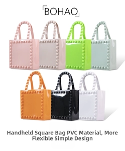 Flat lay of PVC jelly tote bags with rivets in seven different vibrant colors