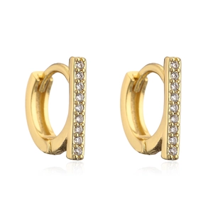 Minimalist gold plated hoop earrings with vertical cubic zirconia bar on white background