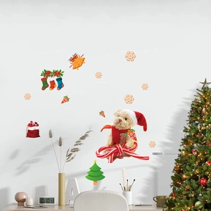 Christmas wall decals with cute teddy bear on candy cane and snowflakes on white wall