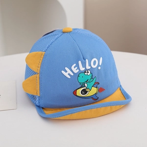 Detail of baby summer mesh cap featuring a blue dinosaur rocket and breathable net back