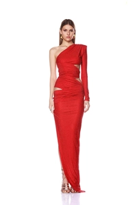 Chic red one-shoulder evening gown featuring waist cut-out and high slit detail