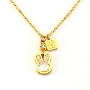 Golden titanium steel necklace with white shell rabbit pendant and lucky charm tag