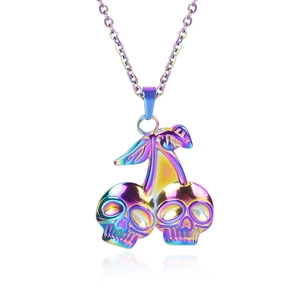 Rainbow cherry skull pendant necklace in 18k vacuum plated stainless steel