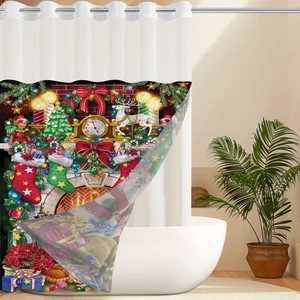 Christmas shower curtain featuring a Santa fireplace calendar design in a modern bathroom